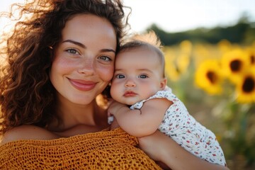 A happy mother embraces her baby in a vibrant sunflower field, both smiling warmly, capturing a moment of love and nature with a sunny, joyful vibe and connection.