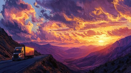 Wall Mural - Truck on mountain road during colorful sunset.