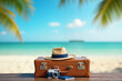 © Aleksei Solovev - A vintage suitcase, passport, camera, and hat are arranged on a wooden table, with a tropical beach and palm trees in the background.