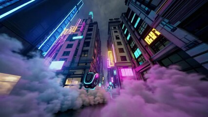 Poster - Vibrant cityscape illuminated by neon lights and fog during nighttime exploration