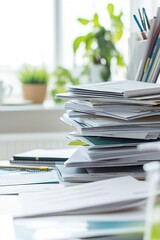 Poster - dynamic arrangement of brochures and flyers stacked creatively in bright workspace