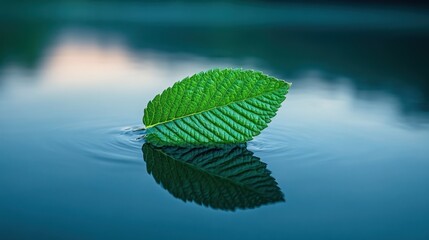 Poster - Single green leaf floats on calm water, creating ripples and reflection.