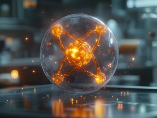 Poster - Highly crafted and precise 3D representation of a technetium atom demonstrating its intricate electron shell structure and radiological properties