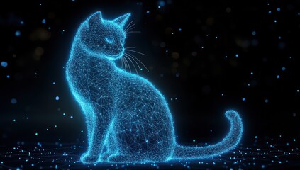 Holographic cat with glowing particles on a dark background.