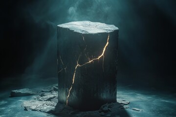 Poster - Cracked stone pillar, glowing fissure, dark scene.