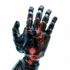 Poster - Close up of an advanced robotic hand showing four fingers up on white background