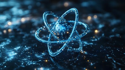 Poster - Detailed 3D representation of a technetium atom showcasing its precise electron structure and various medical imaging applications in diagnostic healthcare and scientific research