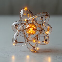 Poster - intricate 3d model of a technetium atom highlighting its electron structure and various uses in diag