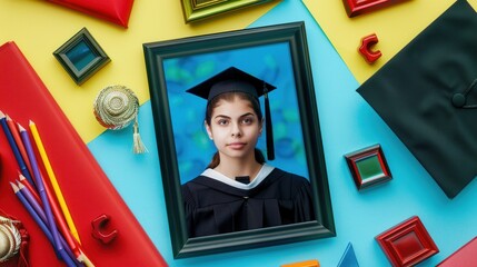 Poster - Graduation photograph framed among colorful school items showcases achievement and celebration. Generative AI