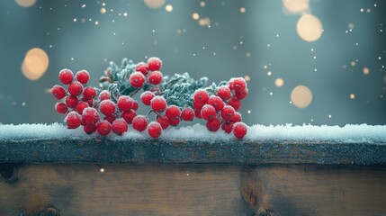 Poster - Snowy winter scene with red berries on wood.