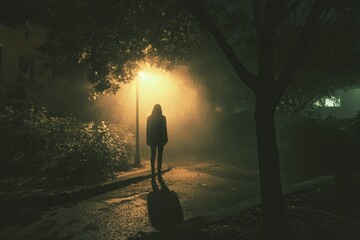 Poster - Foggy night, solitary figure, streetlight glow.