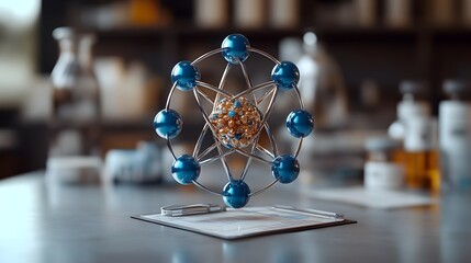 Poster - Finely crafted 3D model of a technetium atom showcasing its internal electron structure and highlighting its valuable applications in medical imaging technologies