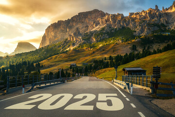 2025 New Year road trip travel and future vision concept . Nature landscape with highway road leading forward to happy new year celebration in the beginning of 2025 for elation and successful start .