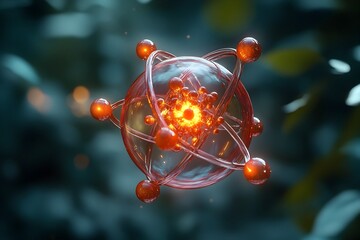 Poster - Finely detailed 3D model of a technetium atom highlighting its electron structure and radiological characteristics  Cutaway view revealing the internal components of the atom