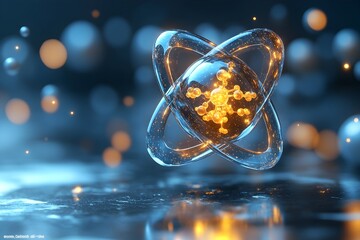 Poster - finely detailed 3d model of technetium atom highlighting electron structure and radiological charact
