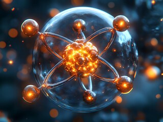 Poster - Highly detailed and accurate 3D cutaway model of a technetium atom highlighting its complex electron structure and radiological properties in a muted color scheme and clinical style
