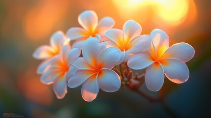 Poster - Sunset illuminates cluster of delicate white and orange plumeria blossoms.