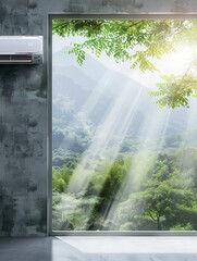 Leinwandbilder - Air conditioner installed on wall with open window revealing vibrant nature and sunlight filtering through trees. Generative AI
