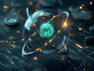 Poster - Detailed cutaway view of a technetium atom showcasing its electron and diverse applications in diagnostic medical procedures cutting edge nuclear scanning technologies and complex quantum mechanics