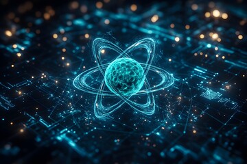 Poster - Meticulously rendered exploded assembly of a technetium atom showcasing its intricate electron and groundbreaking applications in nuclear medicine diagnostics and procedures