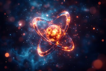 Poster - An and innovative visualization of a technetium atom emphasizing its unique electronic properties and diverse medical applications  This bold stylized rendering presents the atom in a glowing