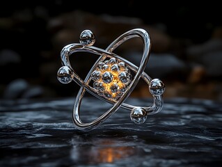 Poster - 3D render of a technetium atom highlighting the quantum mechanical behavior of its electrons and the crucial role they play in advanced medical imaging techniques materials simulation