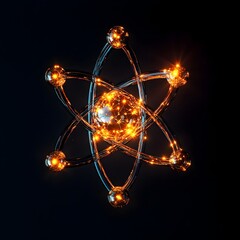 Poster - Exploded 3D render of a technetium atom deconstructing its subatomic structure and demonstrating its applications in medical imaging and treatment presented in the form of a technical diagram