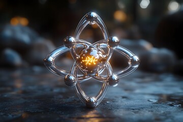Poster - Exploded assembly of a technetium atom demonstrating its precise subatomic particle composition and groundbreaking medical imaging and therapeutic applications