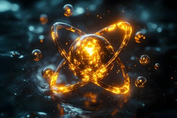 Poster - Exploded atomic diagram of the technetium element showcasing its precise subatomic composition metallic sheen and vital role in groundbreaking nuclear medicine techniques and healthcare advancements