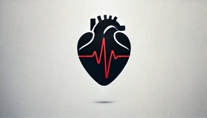 Poster - Black stylized human heart with red electrocardiogram line representing vital signs and healthcare, isolated on a light gray background, perfect for medical and health-related projects