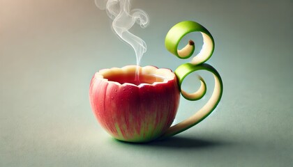 Poster - Steam rising from hot apple tea served in a cup carved from a red apple with a decorative green handle made of apple peel on a plain background creates a cozy autumnal scene