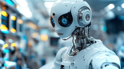 Poster - robotic assistant with advanced features operates in a futuristic environment