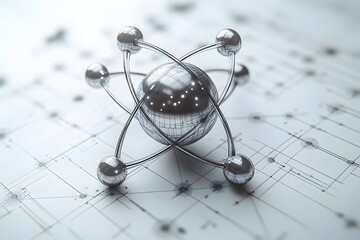 Poster - Exploded diagram of a technetium atom demonstrating its composition and applications in medical imaging precisely rendered subshells and orbitals lustrous silvery gray finish