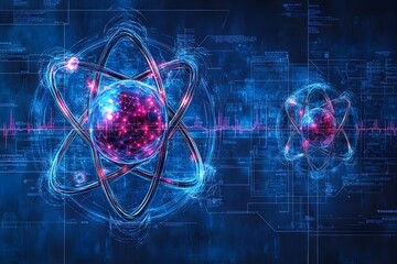 Poster - Exploded diagram of a technetium atom demonstrating its precise composition and vital role in groundbreaking nuclear medicine techniques