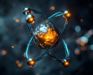 Poster - Exploded cutaway digital of a technetium atom revealing its internal components and highlighting the role of its electrons in medical imaging techniques such as CT scans MRI