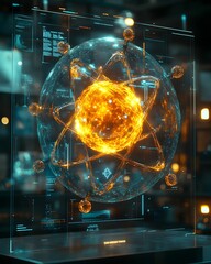 Poster - Exploded view of a technetium atom showcasing its subatomic particles and medical imaging applications presented in a sleek futuristic scientific infographic design