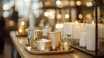Poster - Decorative candles and metallic cups arranged on a wooden table in a warm ambiance