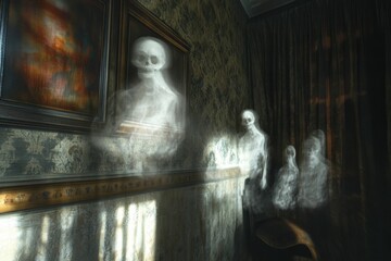 Poster - Spectral figures haunt antique room, shadowed corners.