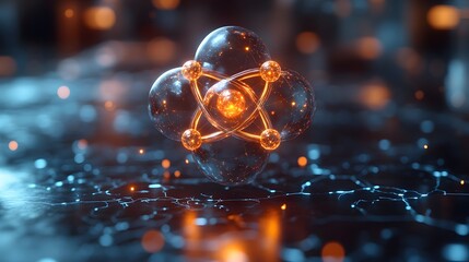 Poster - Comprehensive 3D representation of a technetium atom demonstrating its electron shell structure and applications in medical imaging with precise anatomical details and a minimal color palette