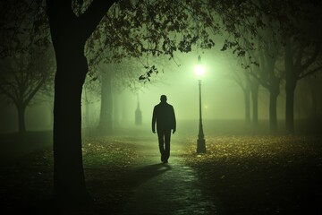 Poster - Solitary figure walks foggy path, lamplight.