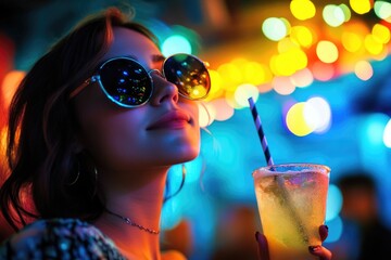 Poster - Woman with sunglasses and drink