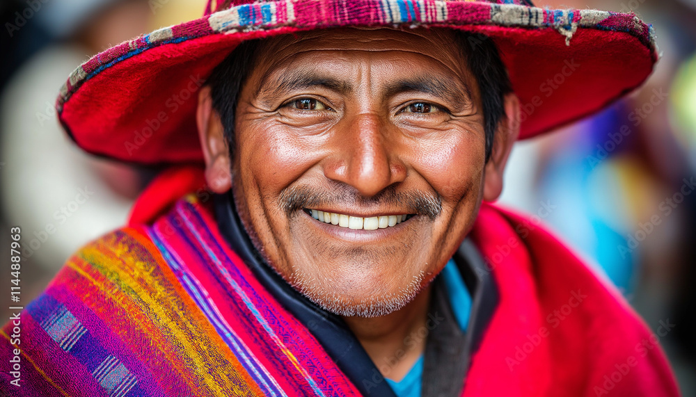 Smiling Peruvian Man in Vibrant Traditional Attire and Hat Stock Photo ...