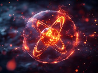 Poster - dramatic and cinematic depiction of a technetium atom highlighting its critical applications in medi