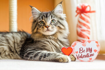  Fluffy tabby cat with valentine heart in cozy home setting