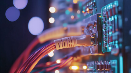 Poster - Close-up of colorful circuit board connections illuminated in dim lighting showcasing technology and innovation