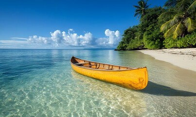 Tropical Beach Bliss, Canoe at the Shoreline of a Sandy Beach Leading to Clear, Calm Waters