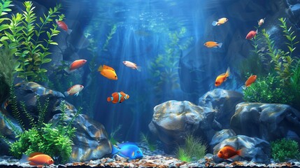 Aufkleber - Colorful aquarium fish swimming and exploring in a vibrant underwater world filled with plants and rocks. Generative AI