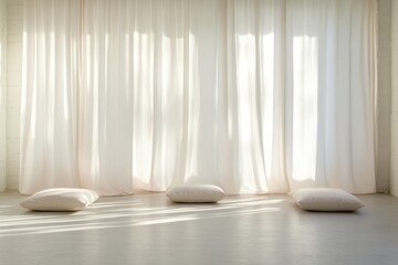 Poster - Minimalist Serenity Abstract Light Play on Curtains and Floor Cushions in a Tranquil Space