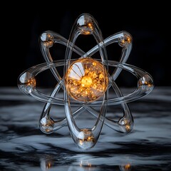 Poster - Technetium Atom Model Highlighting Its Internal Structure and Role in Advanced Radiopharmaceutical Research Intricate Subatomic Particles Vibrant Metallic Sheen