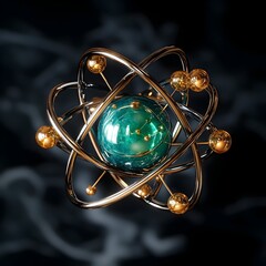 Poster - scientific of a Technetium atom model showcasing its complex subshells orbital patterns and radiant blue green isotope